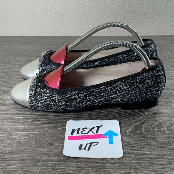Women’s size 6-Sam Edelman Sara Black Silver Tweed Bow Cap Toe Ballet Flats - Picture 1 of 10